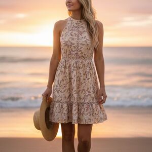 Sunday Mi Amor Floral Open Back Dress in Cream and Pink, Size XS